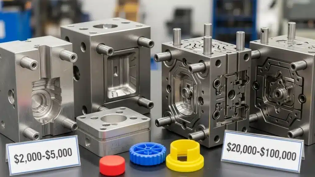 Metal molds for plastic injection with price tags ranging from $2,000-$5,000 to $20,000-$100,000 displayed on a table.