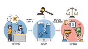 Flowchart illustrating product return process with steps including product defect, dispute resolution, and refunds.