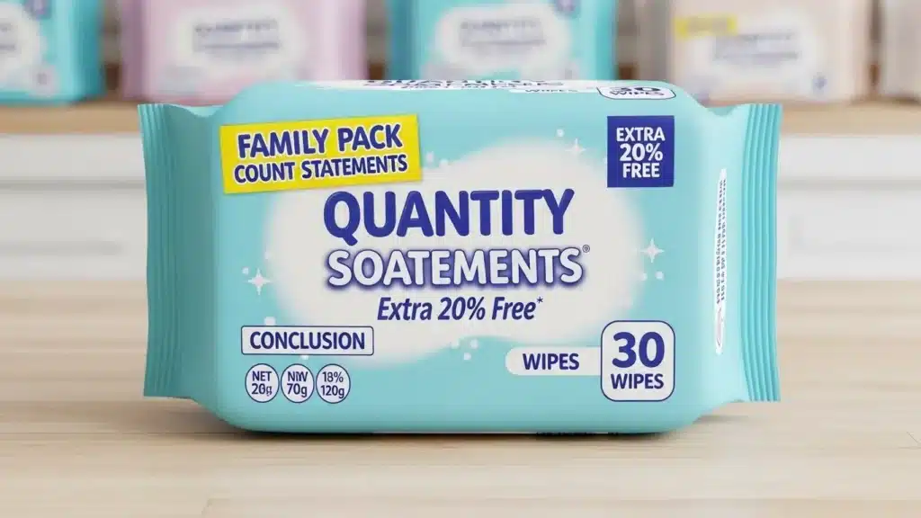Package of Quantity Soatements family pack wipes, labeled extra 20% free, containing 30 wipes on a wooden surface.