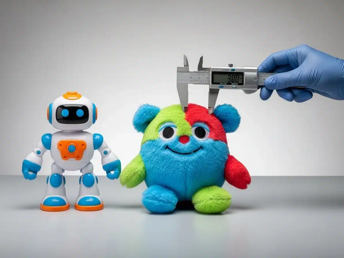 Blue and orange toy robot next to a colorful plush teddy bear being measured with a digital caliper held by a gloved hand.