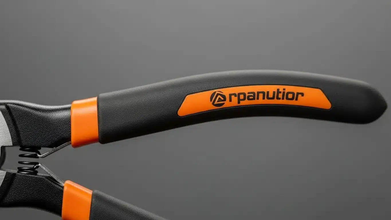 Close-up view of a black and orange Rpanuitor tool handle, shown against a grey background.