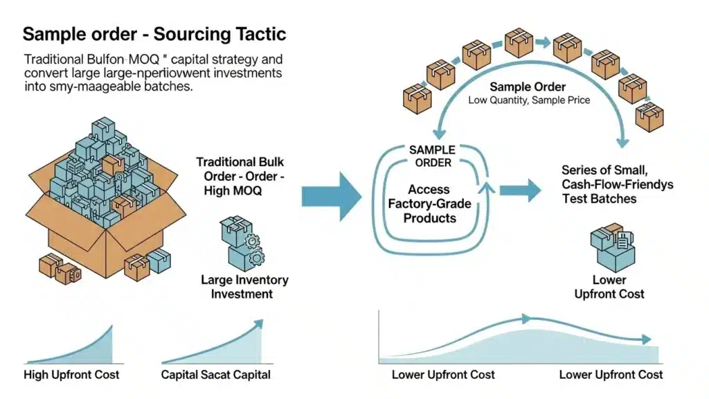 Diagram illustrating sample order sourcing tactic, highlighting the transition from traditional bulk ordering to smaller, manageable batches.