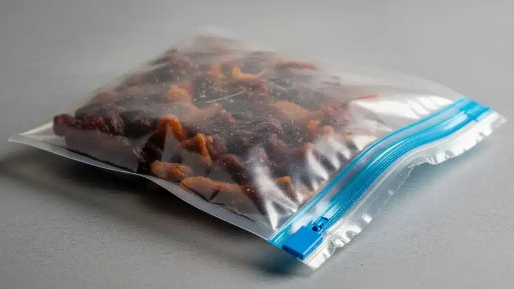 A sealed plastic bag containing a variety of dried fruits on a grey surface.