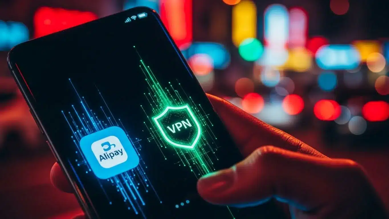 Smartphone screen showing Alipay app logo and a VPN icon against a blurred city lights background.
