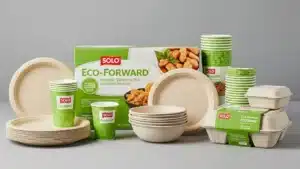 Collection of Solo Eco-Forward products including plates, cups, bowls, and containers with green packaging on display.