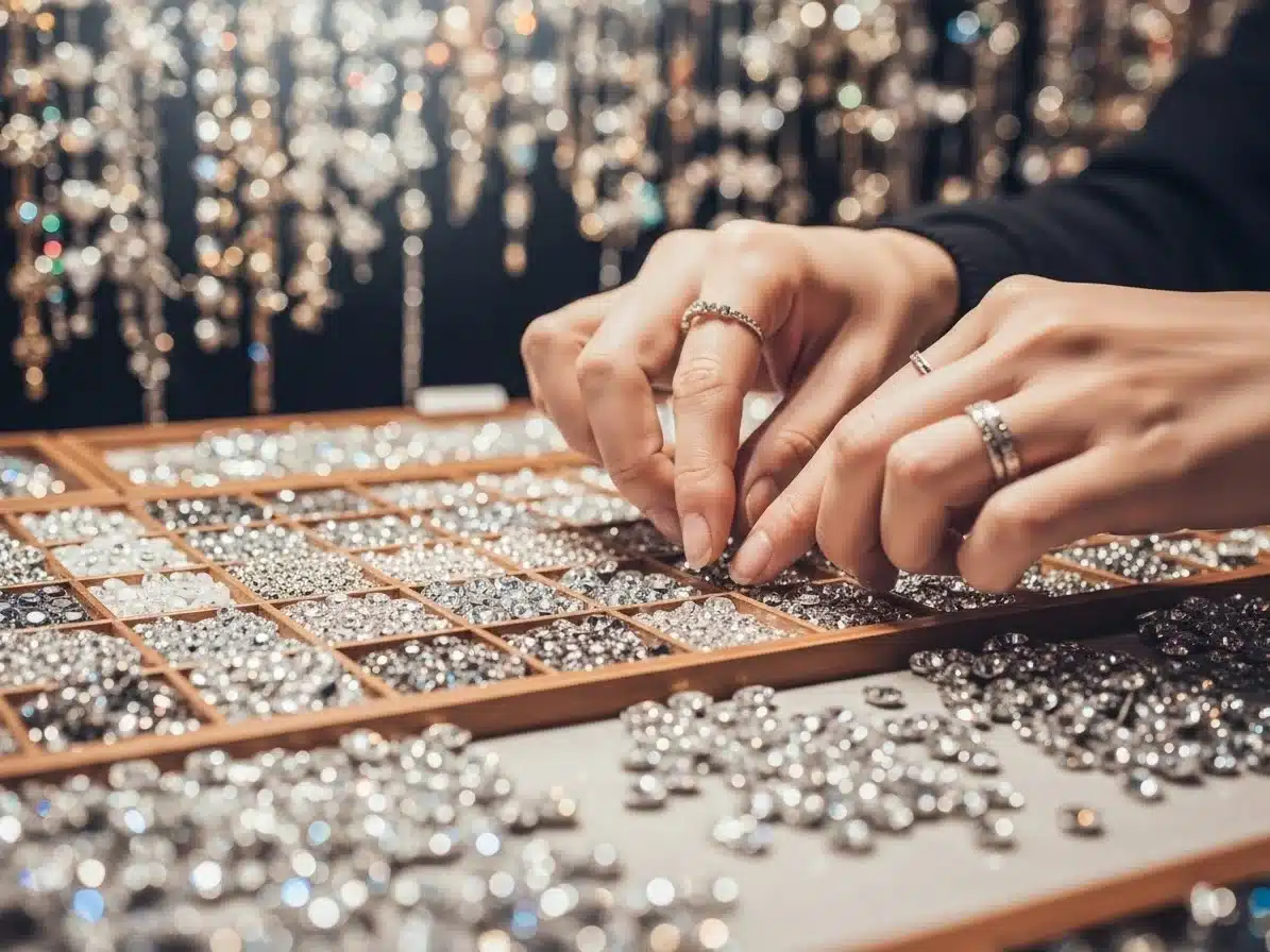 Close-up of hands sorting diamonds and various gemstones into a wooden tray, with sparkling lights in the background.