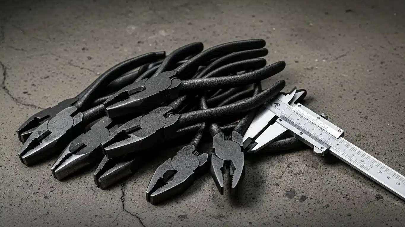 A group of black pliers stacked together next to a metal caliper on a rough concrete surface, indicating a tools theme.