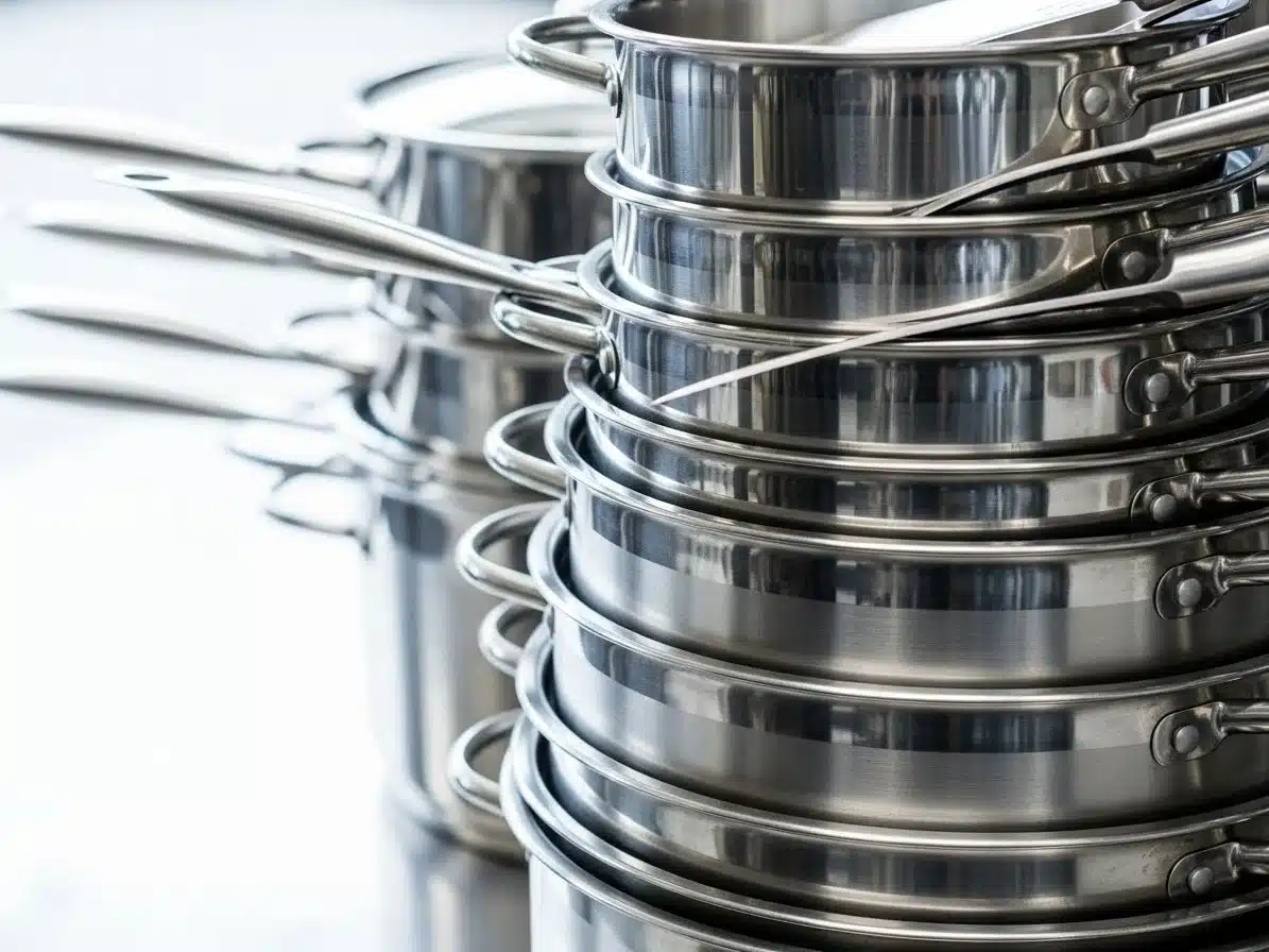 Neatly stacked stainless steel pots and pans with visible handles in a bright kitchen setting.