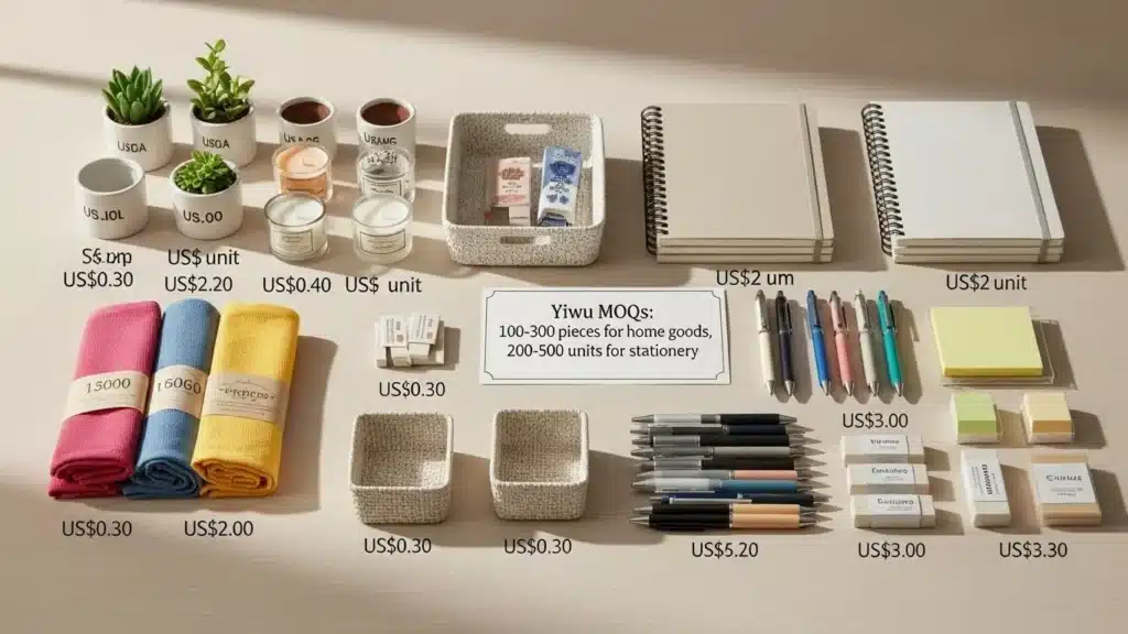 Assorted stationery and home goods displayed with prices, including notebooks, pens, candles, succulents, towels, and baskets.