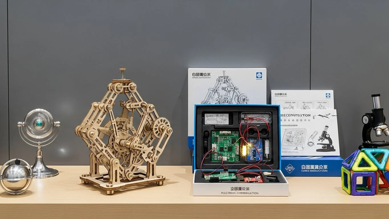A display of STEM educational kits including a wooden mechanical model, an electronics kit with circuit boards, a microscope, and magnetic geometric shapes.