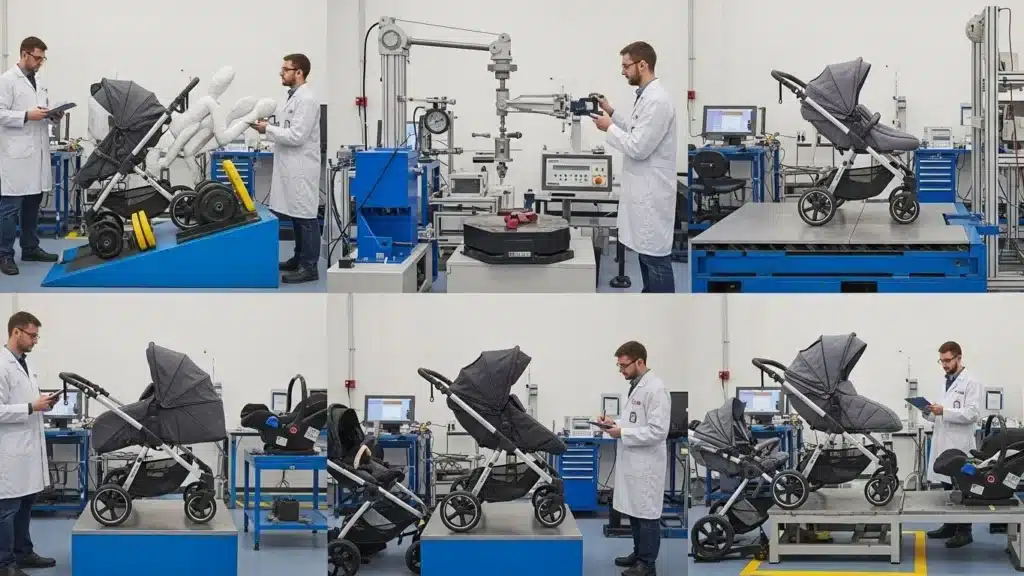 Stroller undergoing various safety tests in a laboratory setting with technicians observing and recording data.
