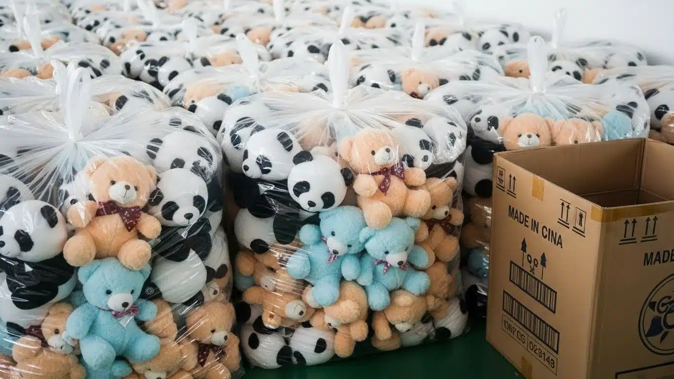 Plastic bags filled with stuffed bears and pandas next to an open cardboard box on a green floor.
