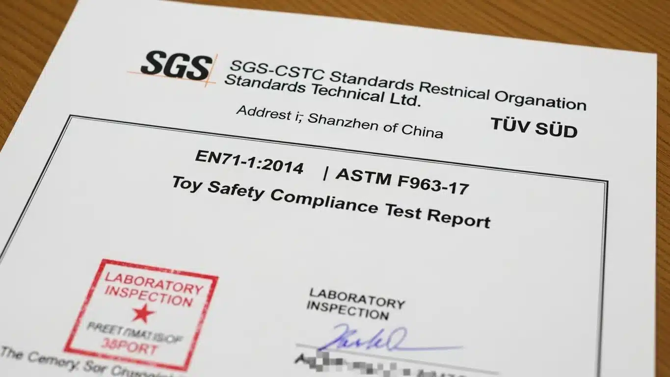 Document titled 'Toy Safety Compliance Test Report' with SGS and TÜV SÜD logos, showing laboratory inspection stamps and signatures.