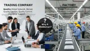 Comparison between trading company's global network benefits and factory's focus on production efficiency.