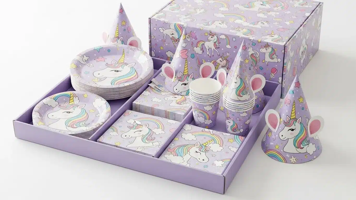 A set of party supplies featuring unicorn designs in pastel purple, including plates, cups, napkins, and party hats with unicorn imagery.