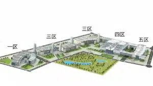 Illustrated layout of an urban campus showing multiple building sections labeled with Chinese characters and green spaces.