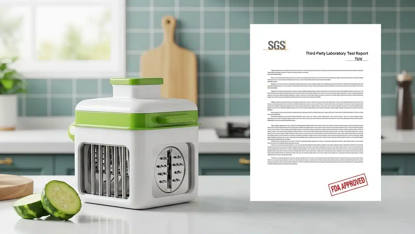 A white and green vegetable chopper with metal blades sits on a kitchen counter beside sliced cucumber, accompanied by a test report document marked 'FDA Approved'.