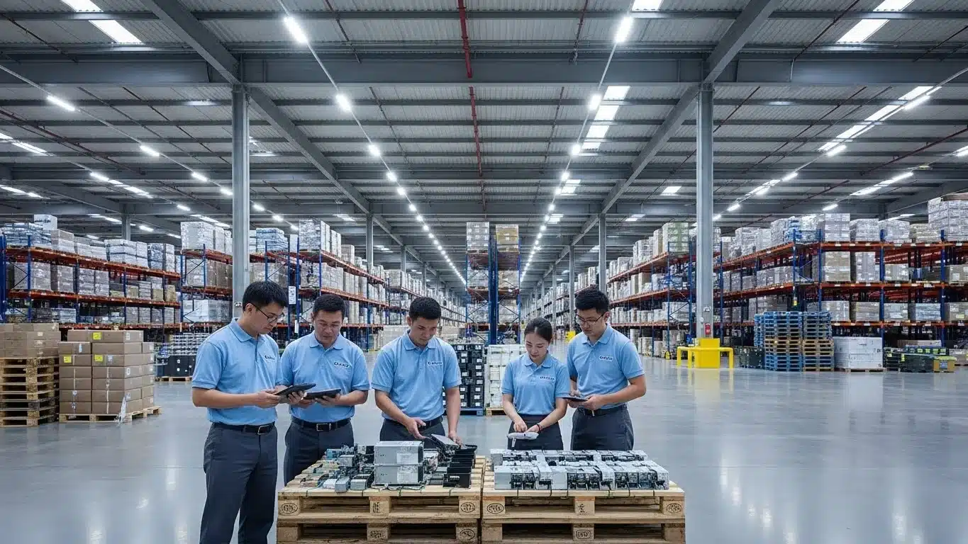 Group of workers in blue uniforms organizing electronics on pallets in a warehouse filled with stacked goods.