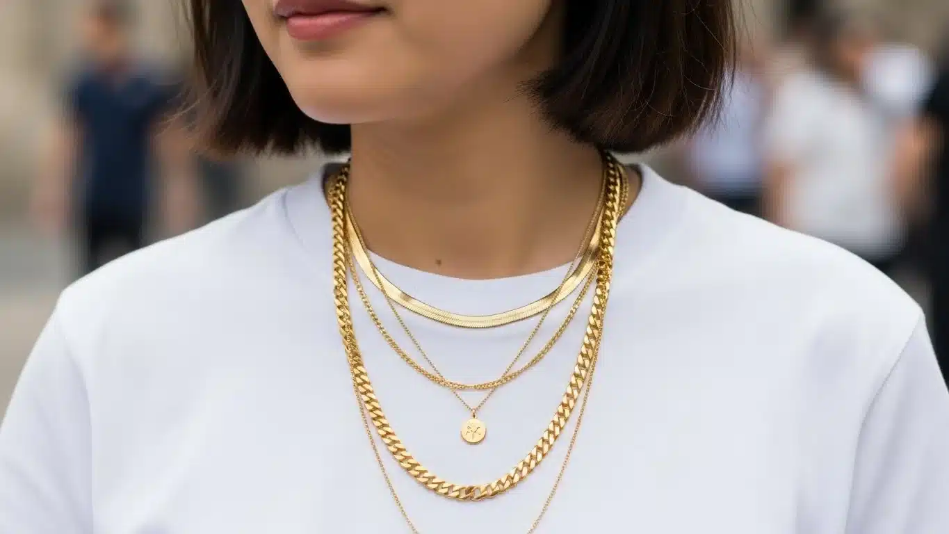 Woman with short hair wearing multiple layered gold necklaces over a white shirt, creating a stylish and elegant appearance.