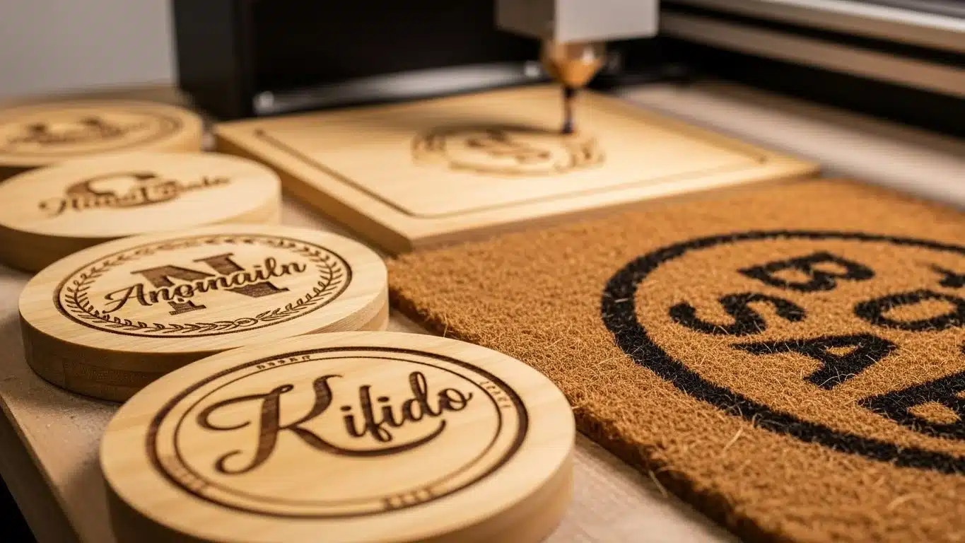 Wood engraving machine crafting circular wooden coasters with decorative text. Coasters include various designs and names like 'Amomain' and 'Kifido'.