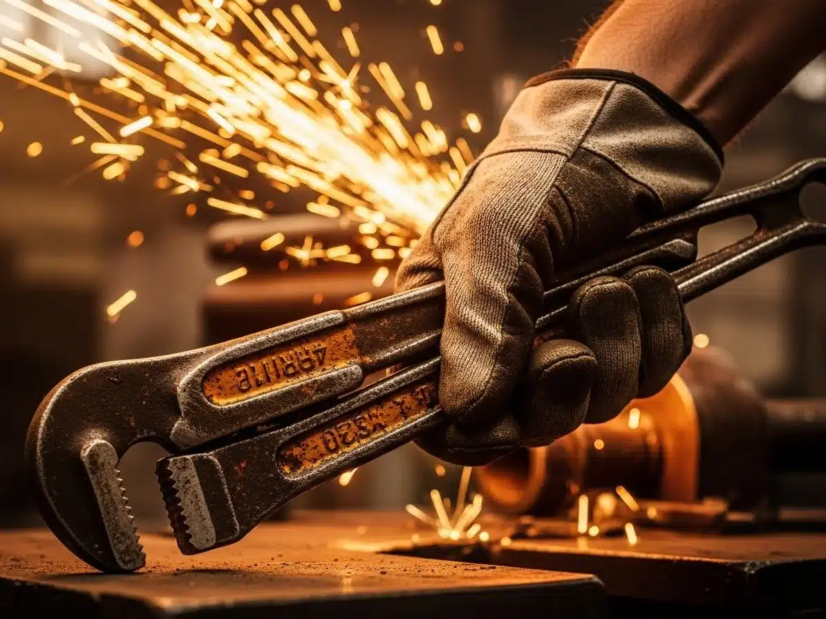 A worker's gloved hand tightly grips two metal wrenches while sparks fly in the background, suggesting a busy industrial environment.