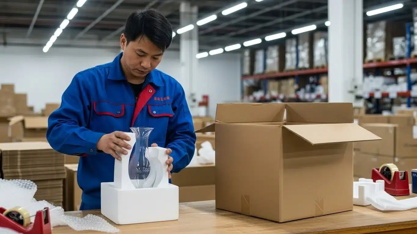 Warehouse worker in blue uniform carefully packing a glass vase in protective foam before placing it into a cardboard box.