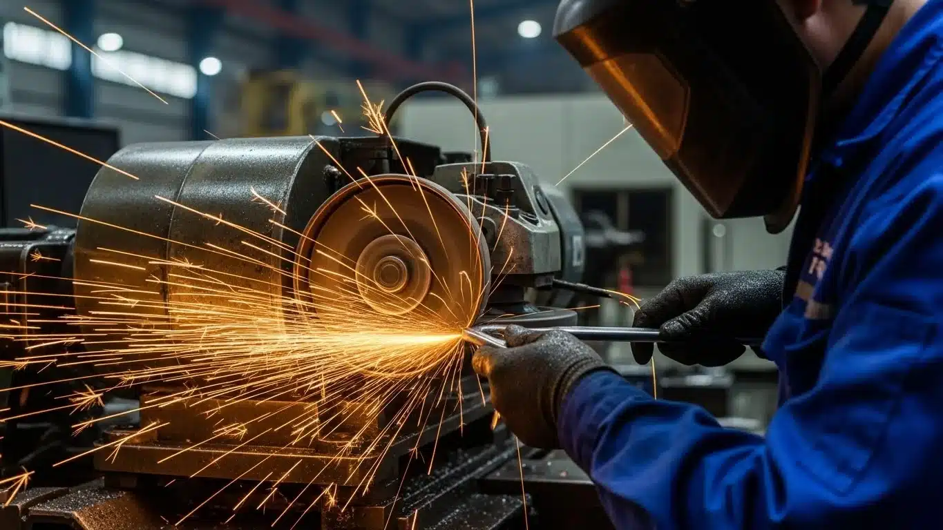 Worker in protective gear using a grinding machine with sparks flying in a workshop setting.
