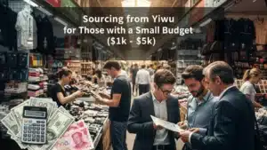 Group of people shopping at Yiwu market with various goods displayed. Text overlay discusses sourcing with a budget between $1k-$5k.