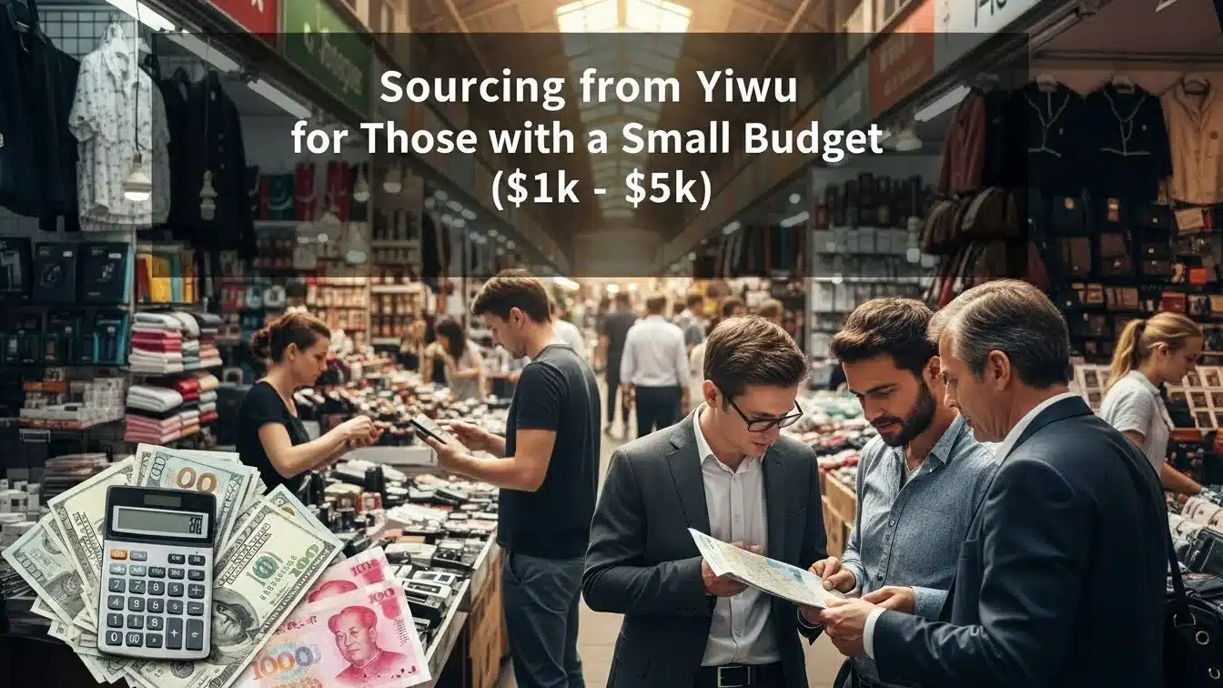 Group of people shopping at Yiwu market with various goods displayed. Text overlay discusses sourcing with a budget between $1k-$5k.