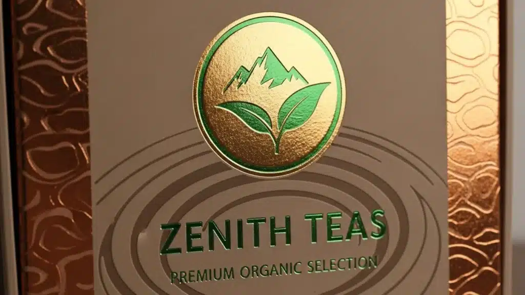 Zenith Teas packaging featuring a green and gold logo with a mountain and tea leaf design, labeled 'Premium Organic Selection'.