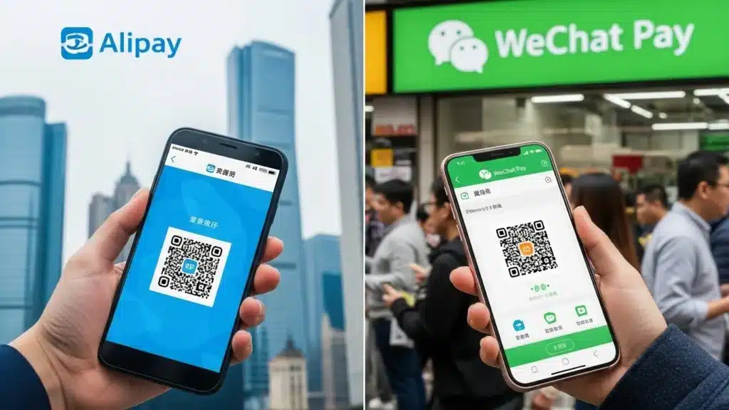Comparison of Alipay and WeChat Pay mobile apps showing QR codes for payment on two smartphones in urban settings.