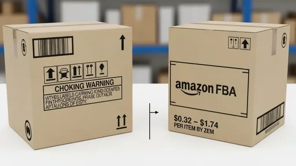 Two cardboard Amazon FBA boxes with labels and choking warnings in a warehouse setting.