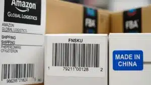 Amazon packaging showing a shipping label, FNSKU barcode, and 'Made in China' label, illustrating global logistics.