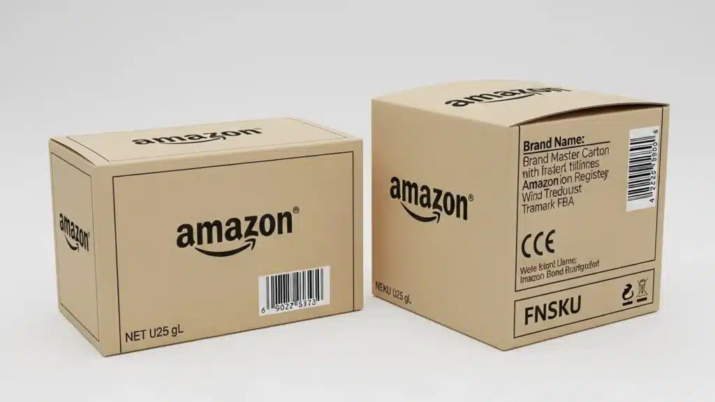 Amazon branded shipping boxes with labels and barcodes on a plain background.