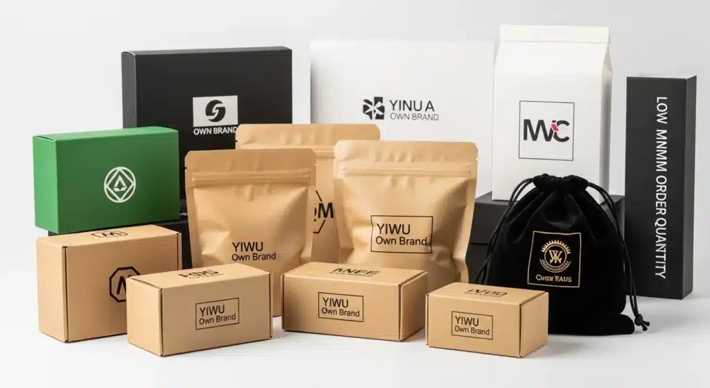 Various branded packaging boxes and bags in different colors and sizes, arranged on a plain surface.