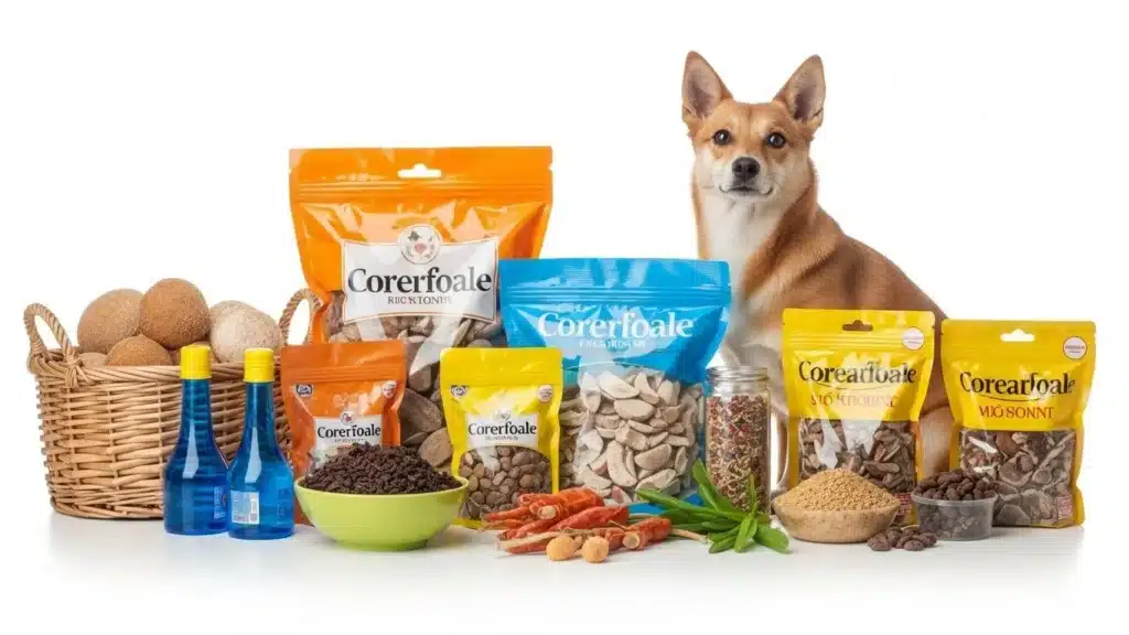 Variety of packaged snacks and two blue glass bottles with a basket of round bread against a white background, featuring a dog.