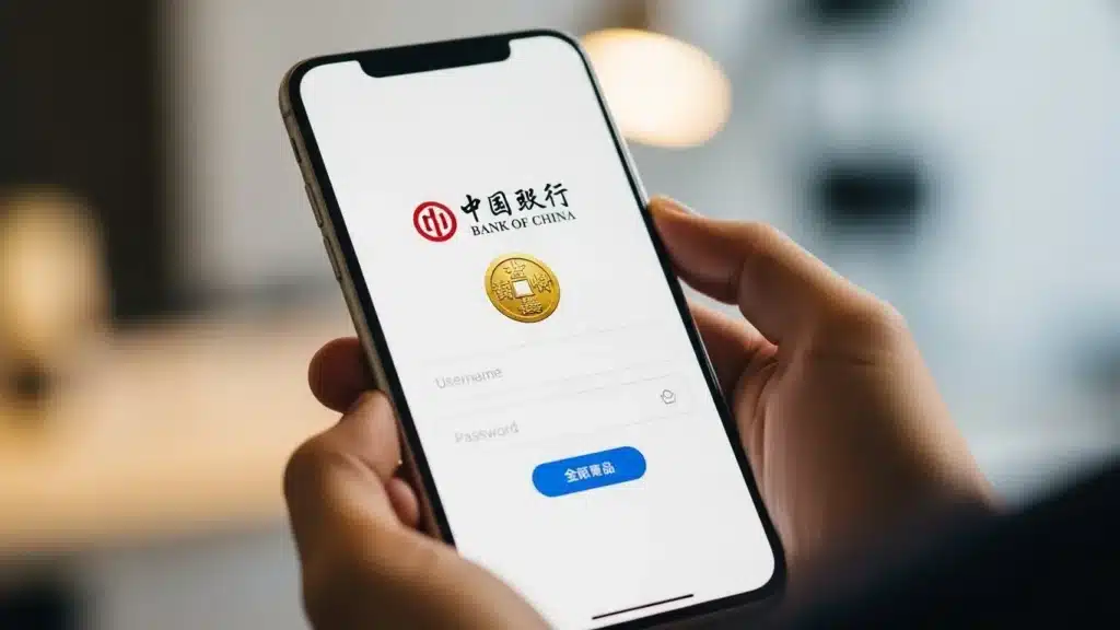A person holds a smartphone displaying the Bank of China login screen with input fields for username and password.