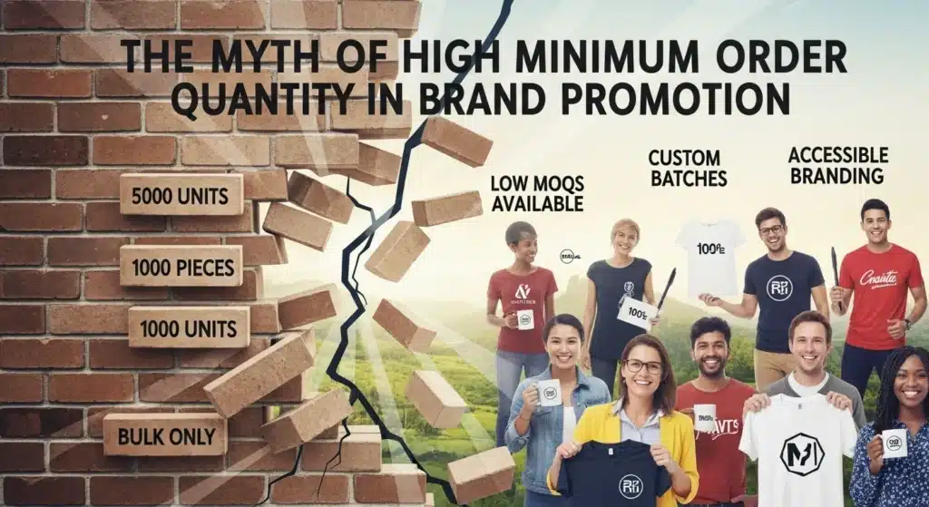 Group holding customized shirts promoting low MOQ options, with a brick wall breaking to symbolize myth about high minimum order quantities.