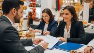 Business meeting at a table with documents and ornate cultural decor items visible in the background.