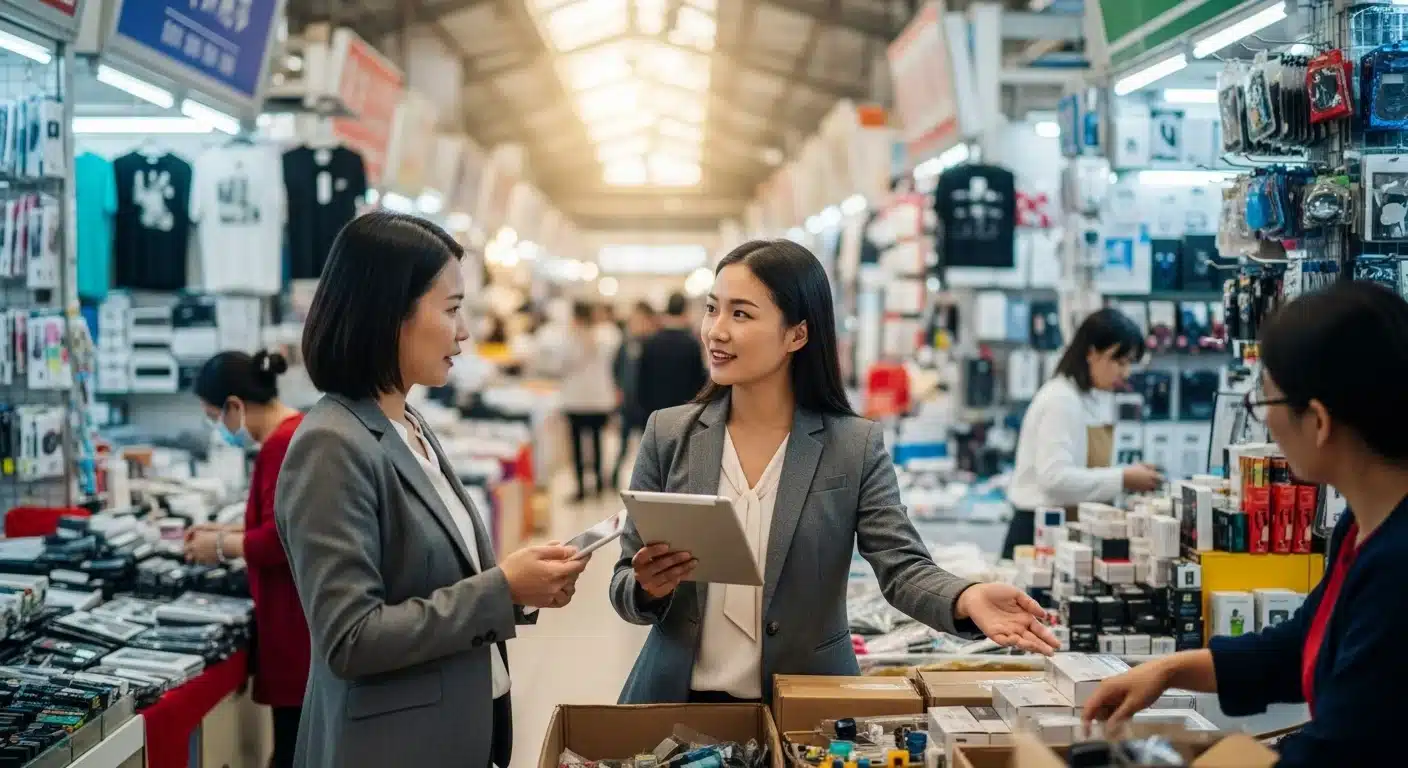 Two women in business attire discuss using a tablet in an electronics market environment. Various products are displayed around them.