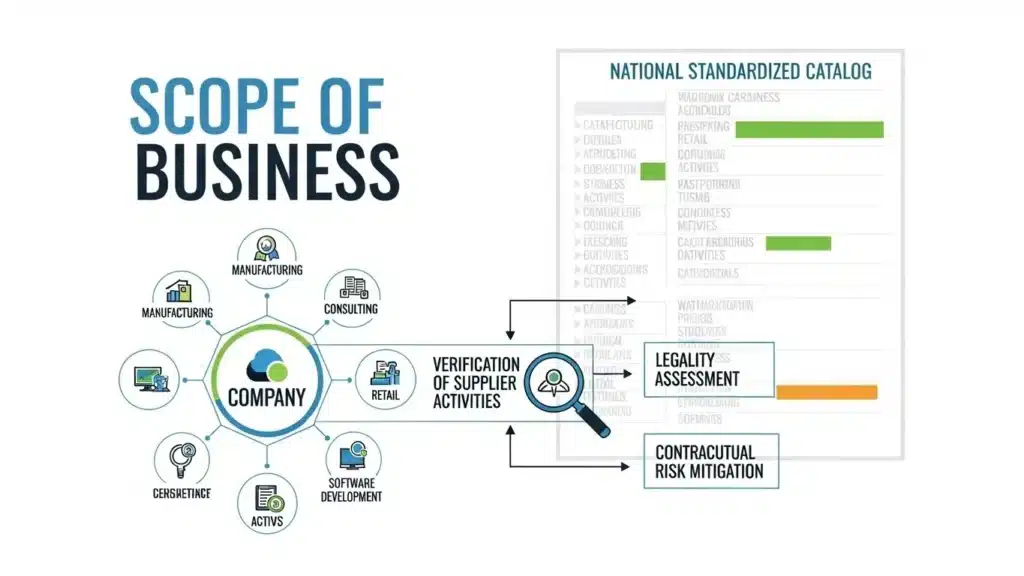 Diagram illustrating business scope including manufacturing, consulting, retail, and software development with verification of supplier activities, legality assessment, and contractual risk mitigation.