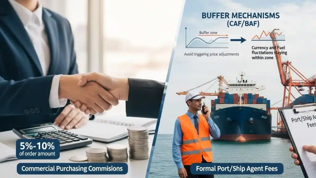 Diagram showcasing commercial purchasing commissions and formal port/ship agent fees, with handshake and shipping visuals.
