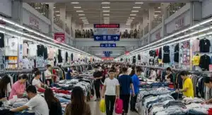 Os compradores percorrem as bancas de roupa num mercado interior espaçoso e bem iluminado, repleto de várias peças de vestuário e acessórios.