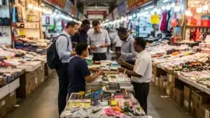 Group of people engaged in transaction at a busy indoor marketplace with diverse products displayed on tables and shelves.