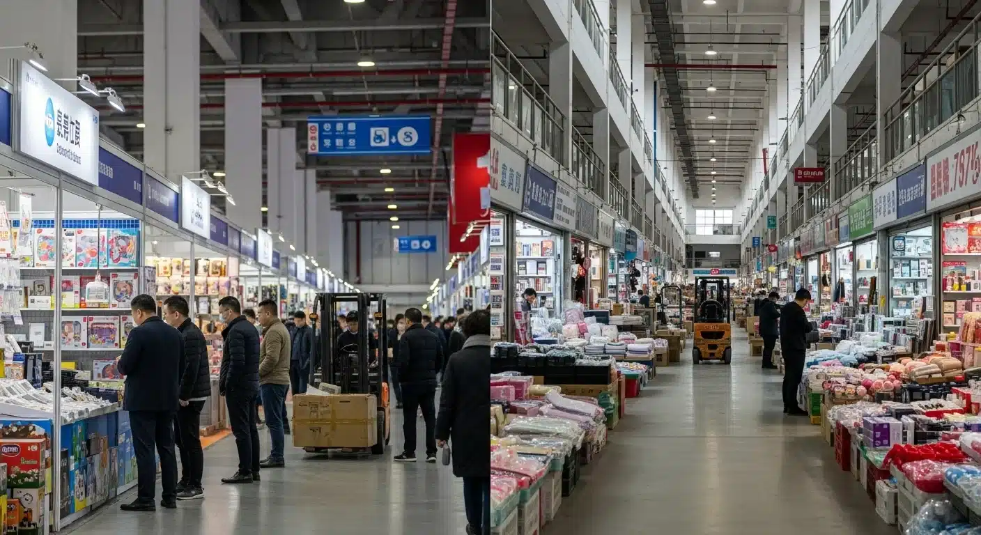 Buyers comparing wholesale sock suppliers in Yiwu market District 4