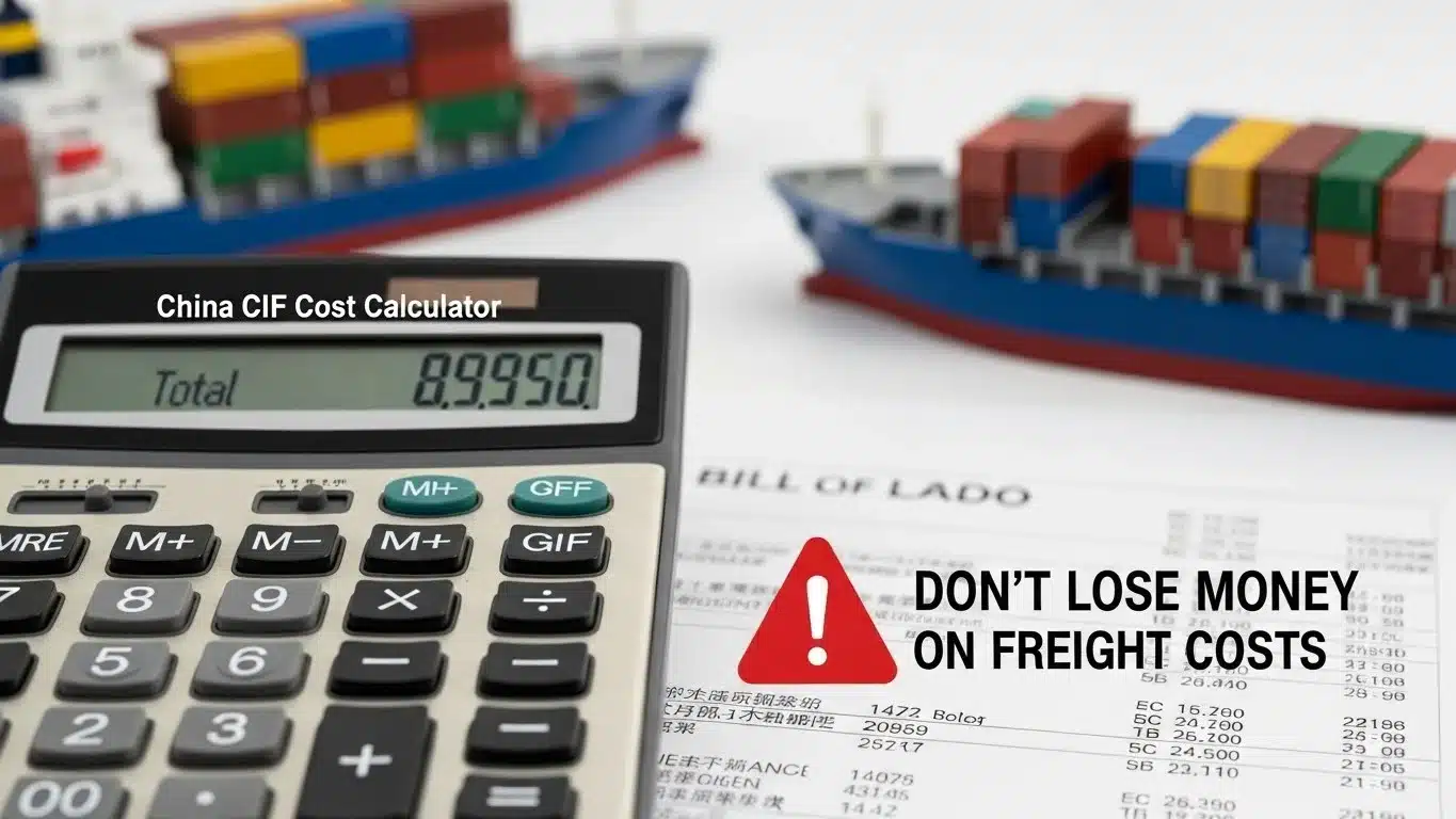 Калькулятор, отображающий общую стоимость, рядом с моделями кораблей и коносаментом, подчеркивающим экономию на перевозке с помощью предупреждающего знака.