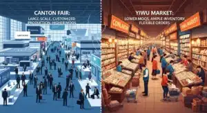Split image comparing Canton Fair's large-scale, customized production with Yiwu Market's lower MOQs and flexible inventory.