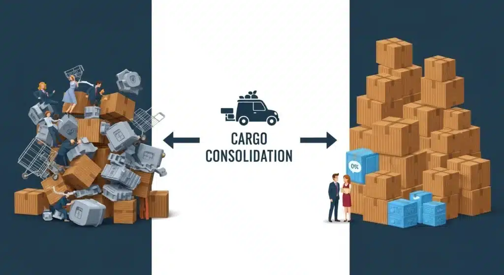 Two contrasting piles of packages with cargo consolidation text and icons, illustrating the concept of streamlining shipments.