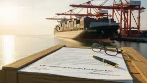 A large cargo ship docked at a port with a focus on a shipping contract, pen, and glasses on a wooden surface in the foreground.