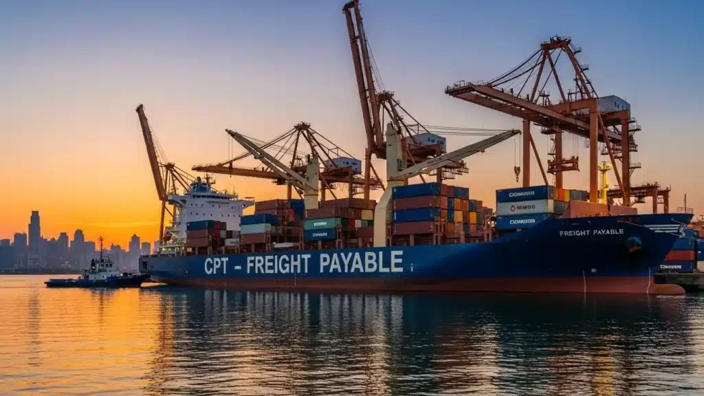 Large cargo ship labeled 'CPT - Freight Payable' docked at a harbor with cranes and containers against a sunset skyline.
